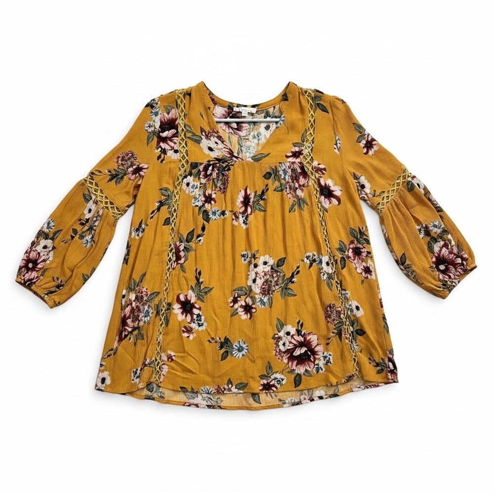 ODDI Mustard Floral Boho Peasant Blouse Lace Trim Women’s M